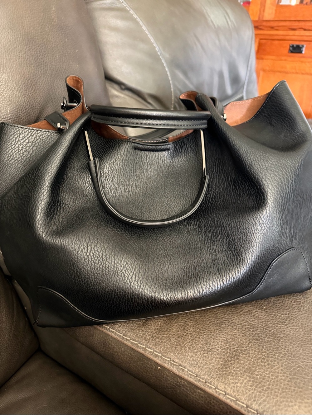 Sondra Roberts Black Pebble Leather Shoulder Bag with Top Handles
